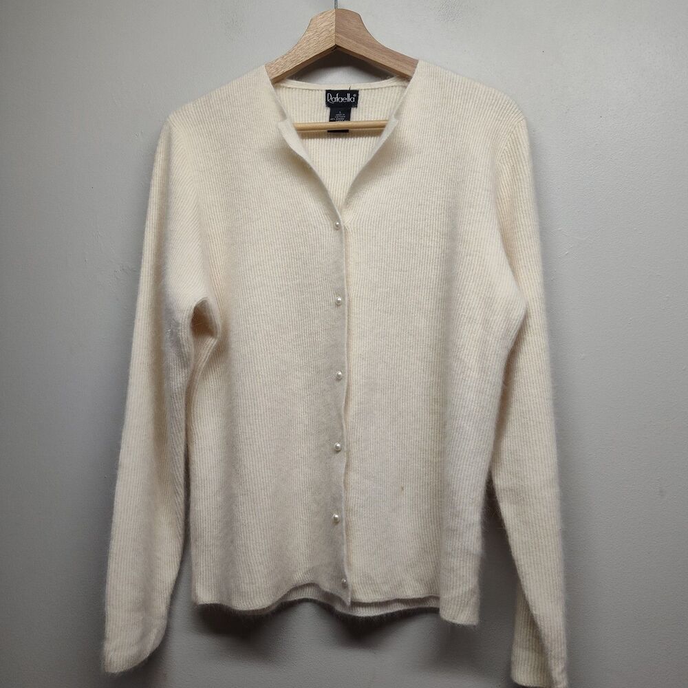 Rafaella Cardigan Sweater Women L Cream Rabbit Wool Blend Soft Feminine Vintage